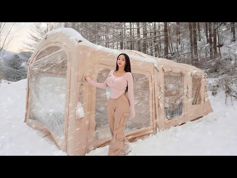 Camping in Snow❄️with 2-Room Inflatable Tent | Camp ASMR