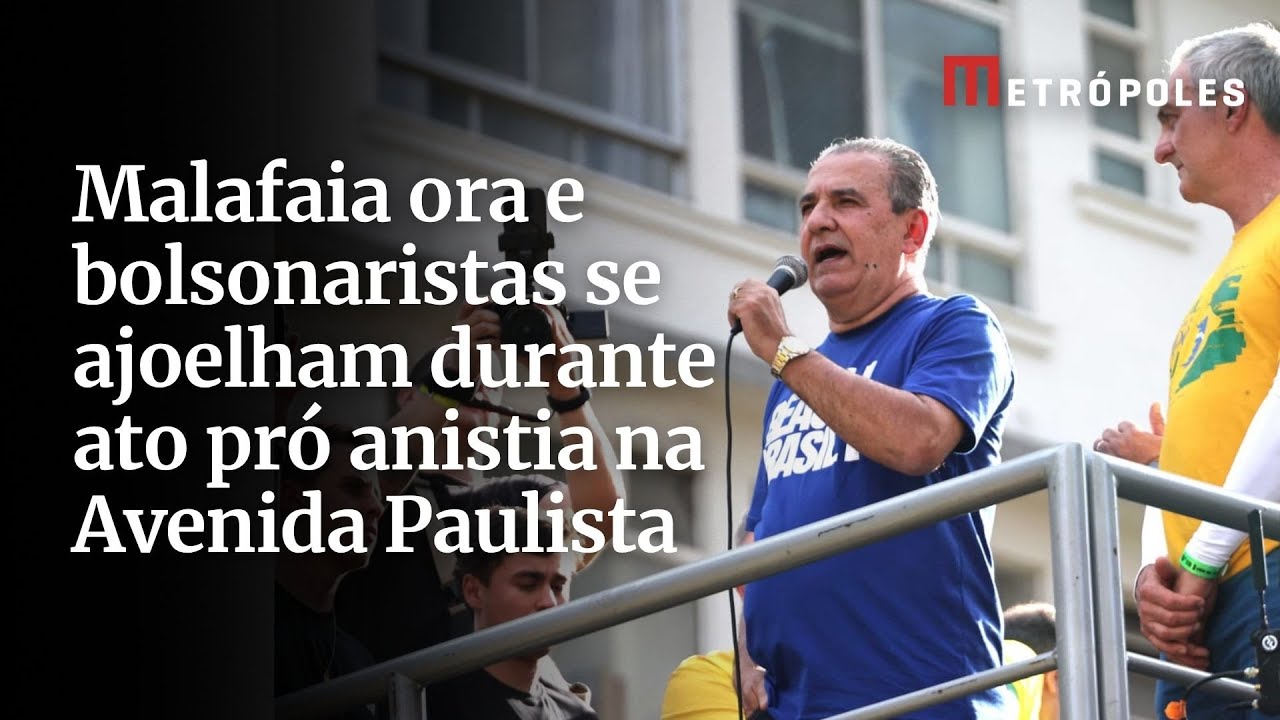 Malafaia ora e bolsonaristas se ajoelham durante ato pró anistia na Avenida Paulista