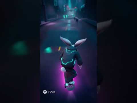 Cyberpunk Rabbit Skateboarding Through a Neon City | Epic AI Animation (Sora) #funny #sora #openai
