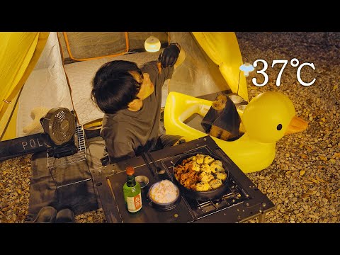 37℃ Cool Tent Camping with My Dog . Korean Spicy chicken feet & Tuna rice ball . Wood Stove ASMR