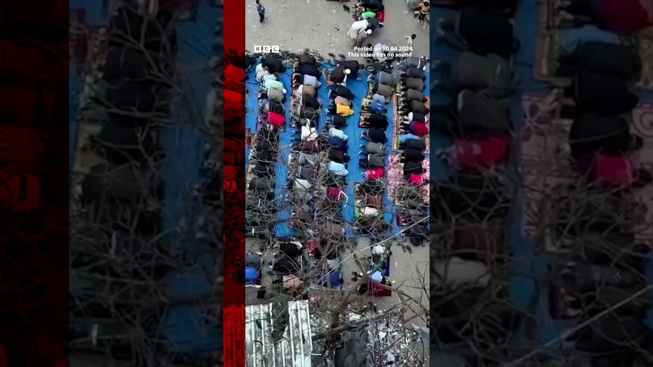 Rafah residents hold Eid prayers by destroyed mosque. #Gaza #Shorts #BBCNews