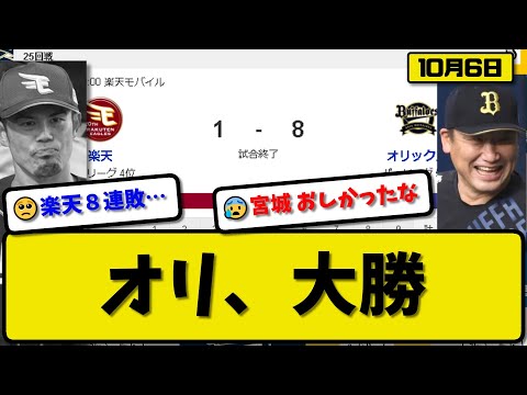 【4位vs5位】オリックスバファローズが楽天イーグルスに8-1で勝利…10月6日雨天コールド…先発宮城6回1失点7勝目…セデーニョ&若月&宗&西川が活躍【最新・反応集・なんJ・2ch】プロ野球