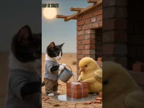 A little kitten and a sweet bird built a house with bricks in the desert #shorts #short#cat