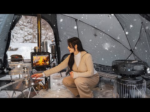 Hot Tent Solo Camping In Snowy Mountains☃️ㅣCamp ASMRㅣNortent Gamme8