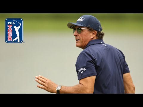 Phil Mickelson nearly holes approach from 118 yards on No. 18 at Travelers