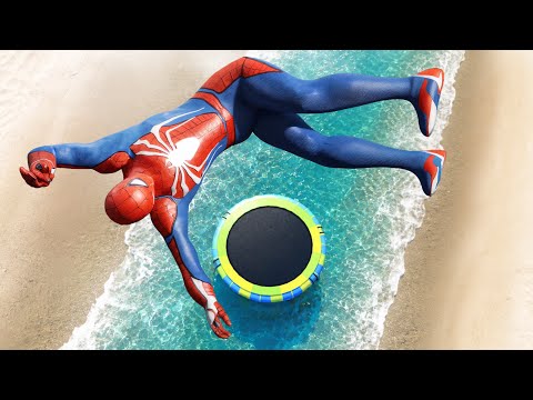 GTA 5 Spiderman Water Trampoline Ragdolls and Jumps