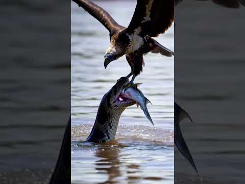 Unbelievable! 🐍 Giant Anaconda Fights Hawk 🦅Over Catfish in Amazon River