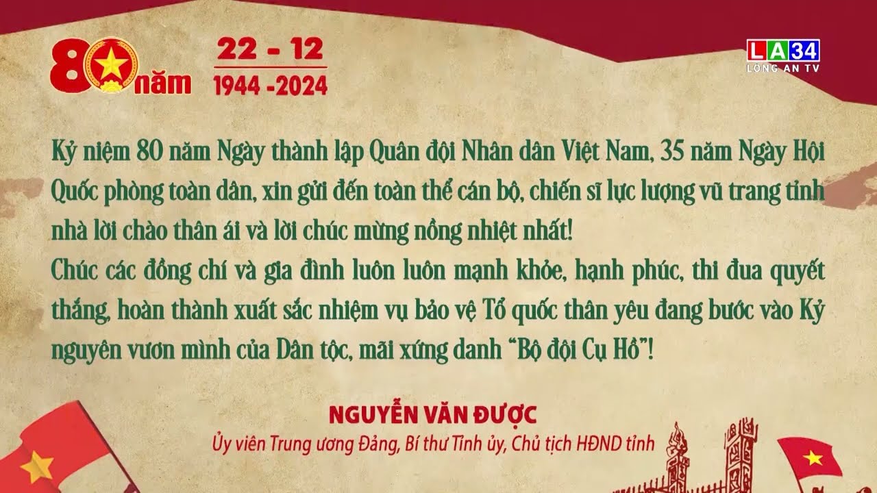 Bí thư Tỉnh ủy gửi thông điệp chúc mừng 80 năm Ngày thành lập QĐND Việt Nam