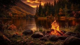Cozy Fall Vibes with Lakeside Campfire  🍁 Autumn Forest Fireplace, Water & Birds Sounds 🍂