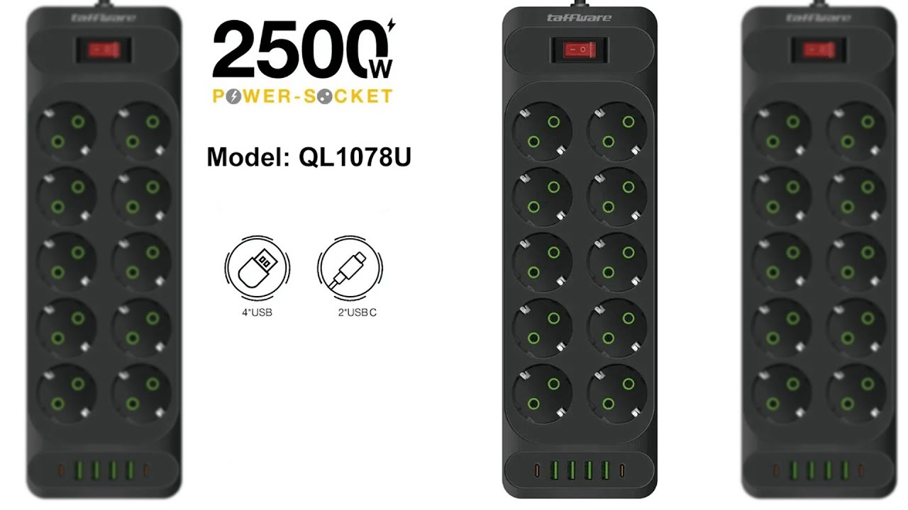 Pratinjau video produk Taffware Stop Kontak USB Type C EU Plug 10A 110-250V 2500W 10 Lubang - QL-1077U / QL-1078U