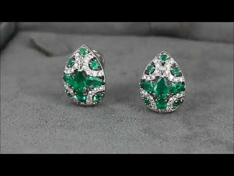Золотые серьги каплевидной формы с изумрудами и бриллиантами