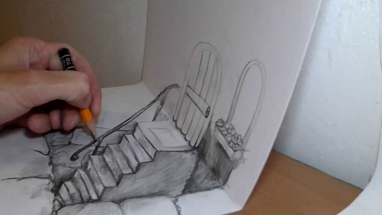 How to draw 3D stairway illusion on two pages - YouTube