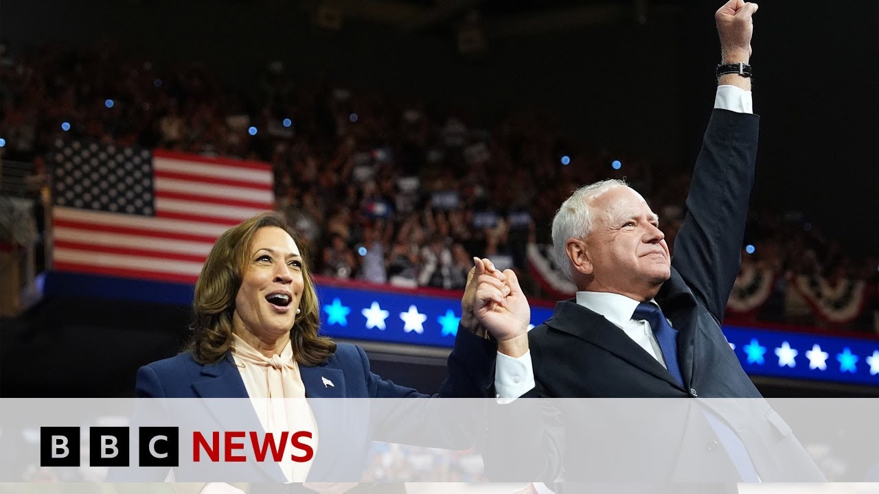 Harris and Walz hold first rally together as new Democratic ticket | BBC News