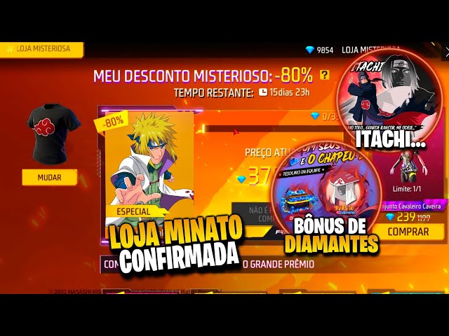 CORRE!! LOJA MISTERIOSA MINATO CONFIRMADA, BÔNUS DE DIAMANTES E EVENTO ITACHI - NOVIDADES FREE FIRE