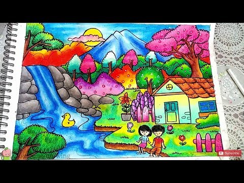 Cara Menggambar Dan Mewarnai Pemandangan Air Terjun Dan Rumah Dengan Gradasi Warna Oil Pastel