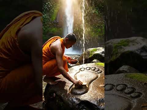Cinematic Realism | Monk Cleans Ancient Buddha Footprint Near Stream