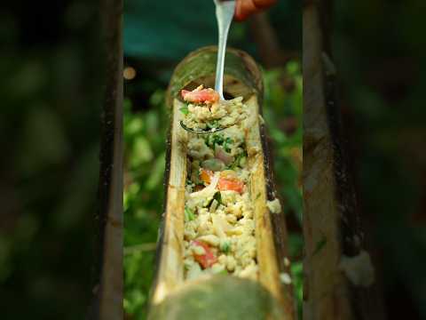 🤯🤤 Omelette cooked in BAMBOO over fire!🔥✨ #JungleFood #Shorts#villagelife