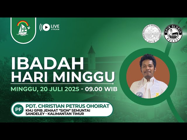 HARI MINGGU VI SESUDAH PENTAKOSTA
Dirangkai dengan
HUT Ke-44 TAHUN PELAYANAN KATEGORIAL
PERSEKUTUAN KAUM BAPAK (PKB) GPIB
( 11 JULI 1981 – 11 JULI 2025 )

Minggu, 20 Juli 2025 Pkl. 09.00 WIB
Gereja Protestan di Indonesia bagian Barat (GPIB)
Jemaat “GLORIA” di Bekasi

Bacaan Alkitab : 2 TIMOTIUS 1 : 3 - 12

Pelayan Firman :
Pdt. Christian Petrus Ohoirat S.si Teol, MM
KMJ GPIB Jemaat “SION” SEMUNTAI
Sandeley - Kalimantan Timur

=======================================
=======================================

Social Media GPIB Gloria Bekasi (Follow/Like)
+ https://instagram.com/gpibgloria​​
+ https://facebook.com/gpibgloria​​

Website
https://gpibgloria.or.id