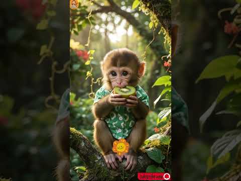 “Baby Monkey’s Kiwi Happiness 😍🍃”