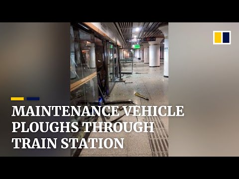 Maintenance vehicle ploughs through train station, smashing row of platform doors in China