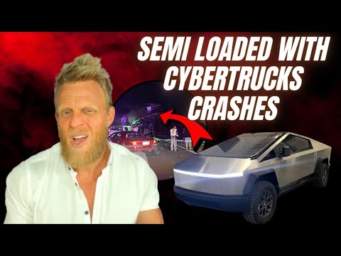 Semi with Cybertrucks and 7 Tesla EVs crashes into cars and rolls over