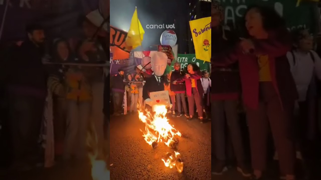 Manifestantes queimam boneco de Trump em ato contra tarifaço na Paulista veja vídeo