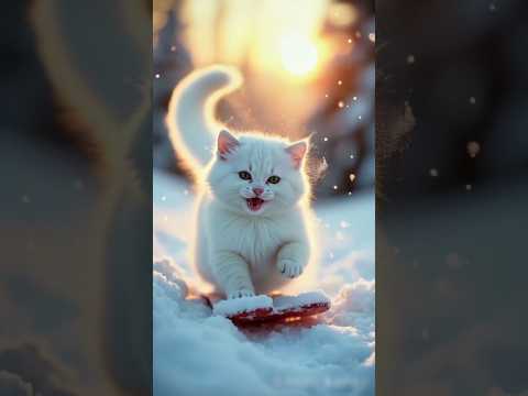 A cute white Russian cat funfully enjoy winter ❄️🌨️#catshorts#catlover#trendingreal#KidsFlowAI