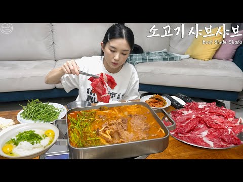 Real Mukbang:) The classic Korean spicy shabu shabu ☆ Noodles, Egg porridge