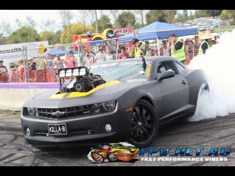 KILLA-B BLOWN V8 CAMARO BURNOUT AT LARDNER PARK MOTORFEST 2013 - YouTube