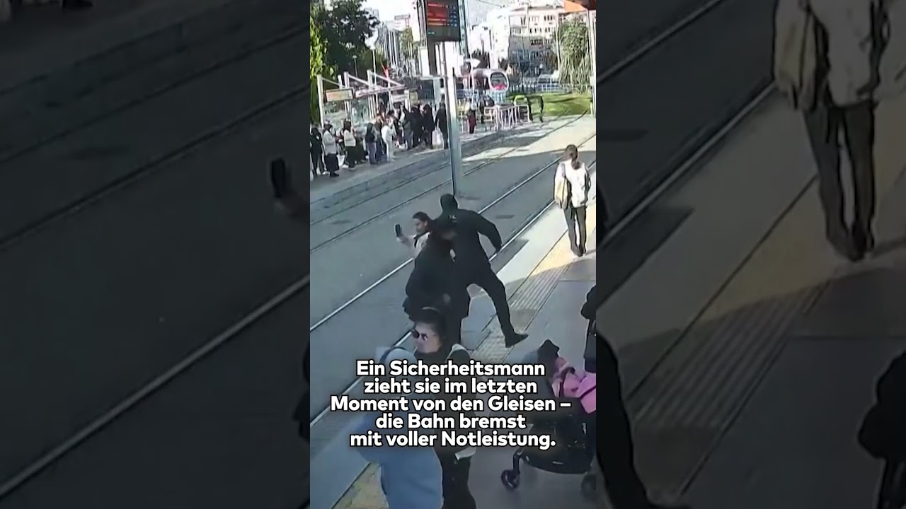 SEKUNDEN VOR DEM TOD: Sicherheitsmann rettet Frau vor Straßenbahn in Türkei shorts