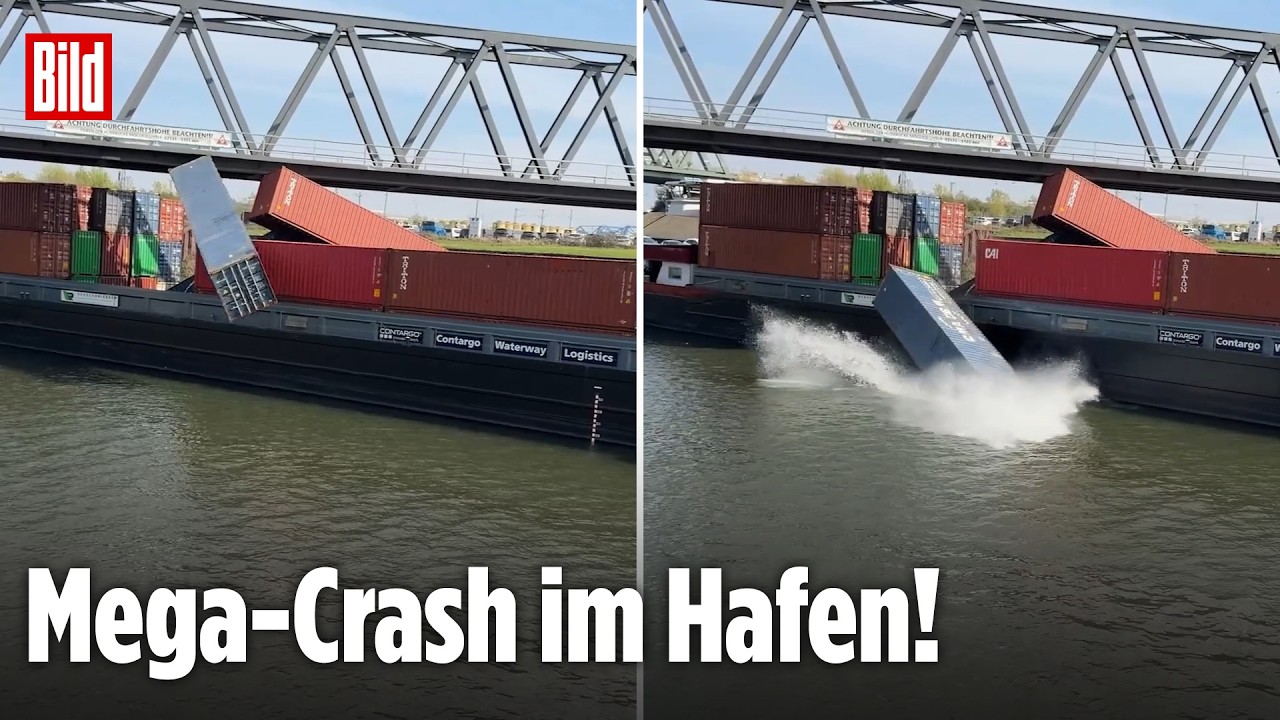 NEUSSER HAFEN: Containerschiff rammt Brücke – Ladung stürzt ins Wasser