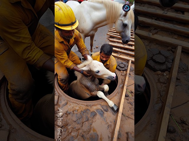 baby foal falls into a huge manhole saved by brave mother #humanity #animals #pets #funny #horse
