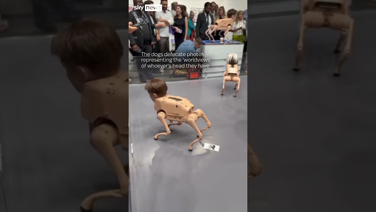 Billionaires' heads on photo-defecating robotic dogs art installation grabs attention