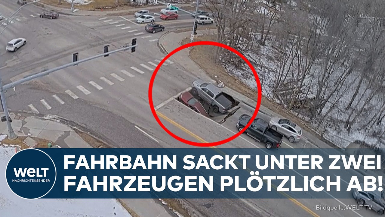 USA: Asphalt gibt ohne Vorwarnung nach! Straße bricht unter zwei Fahrzeugen zusammen!