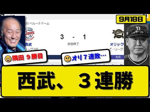 【5位vs6位】西武ライオンズがオリックスバファローズに3-1で勝利…9月18日3連勝…先発隅田8回1失点9勝目…佐藤&滝澤&外崎が活躍【最新・反応集・なんJ・2ch】プロ野球