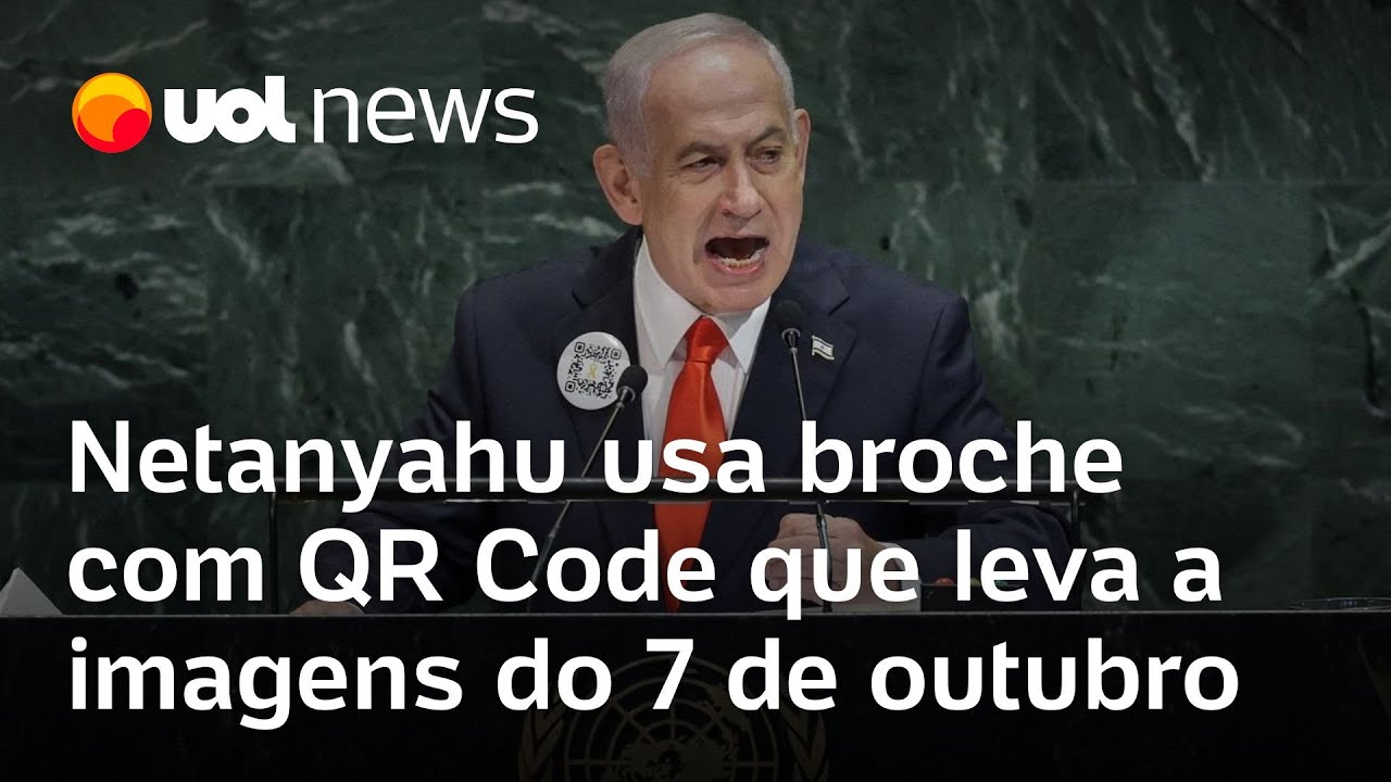 Netanyahu usa broche na ONU com QR Code que leva a imagens de ataque do Hamas em 7 de outubro