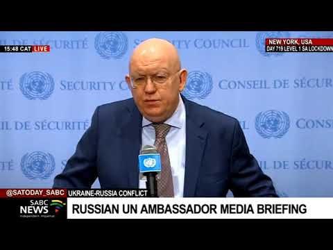 Russian ambassador to United Nations Vasily Nebenzya briefs the media