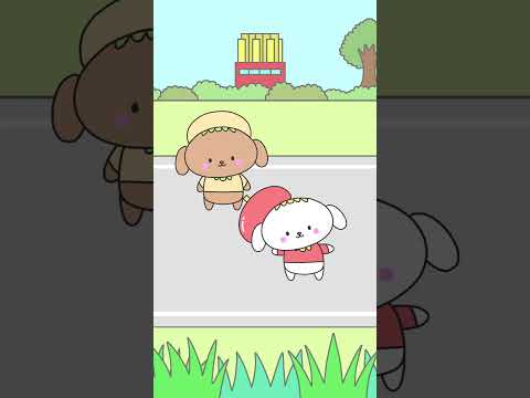 ぽてぱーかーの帽子がずれる。はんぱーかーが直す。