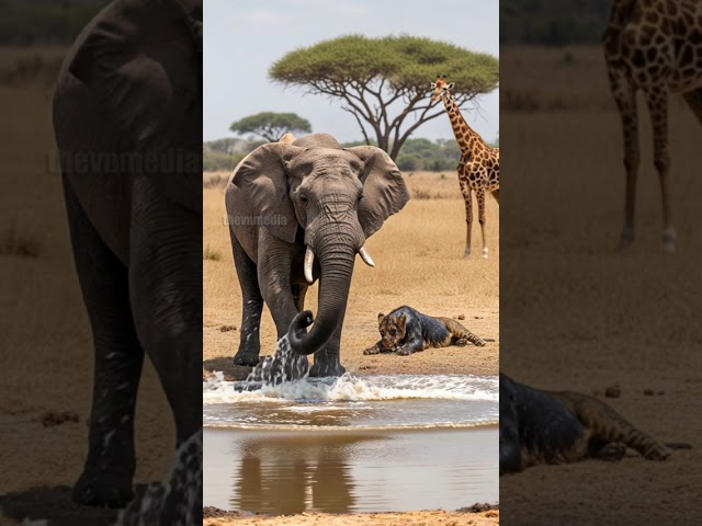 Giraffe And Elephant Work Together To Save Lion Cub! #rescue #animals #wildlife