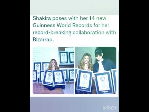 Shakira poses with her 14 new Guinness World Records for her record-breaking collaboration with