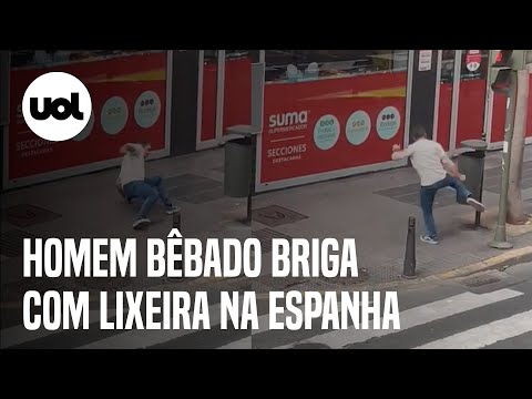 Vídeo viral flagra homem bêbado brigando com lixeira na Espanha