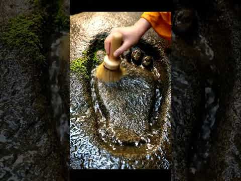 ASMR Monk Cleaning Buddha Footprint – Flowing Stream & Stone Sounds