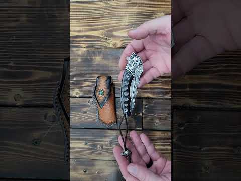 TACTICAL GEARZ Damascus Steel Pocket Knife, Ebony/Steel Handle, Includes Custom Leather Sheath