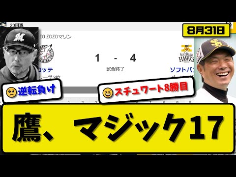 【1位vs3位】ソフトバンクホークスがロッテマリーンズに4-1で勝利…8月31日逆転勝ちで優勝マジック17…先発スチュワート7回1失点8勝目…近藤&今宮&石塚が活躍【最新・反応集・なんJ・2ch】