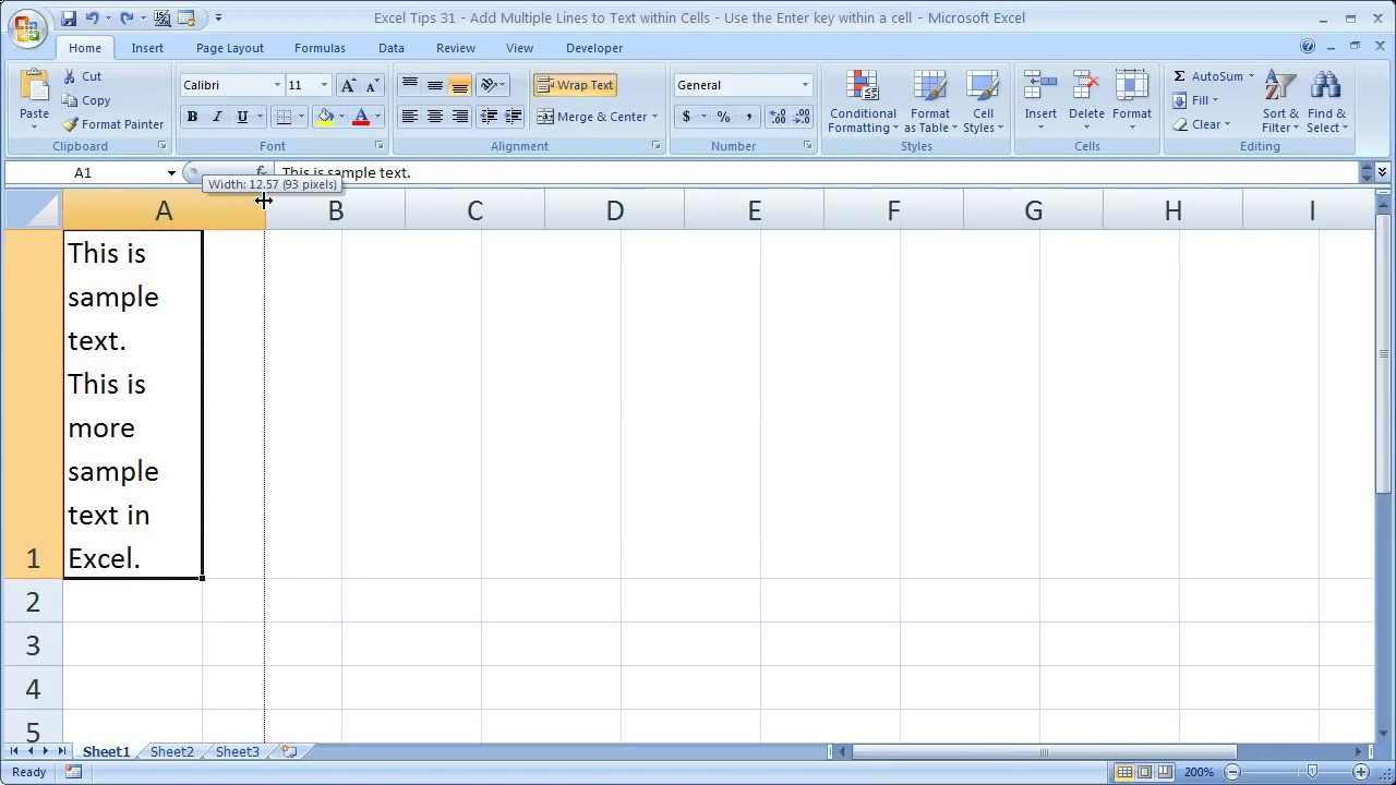 Excel Tips Add Multiple Lines To Text Within Cells Use The Enter Key Within A Cell Youtube