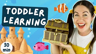 Learn at the beach! | Prepositions, colors, syllables, counting | Toddler learning - learn to talk!